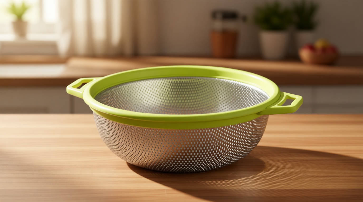 HiramWare Stainless Steel Colander With Handle and Legs, Large Metal Green Strainer for Pasta, Spaghetti, Berry, Veggies, Fruits, Noodles, Salads, 5-quart 10.5” Kitchen Mesh Colander, Dishwasher Safe