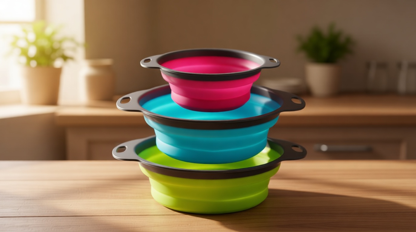 Qimh Collapsible Colander Set of 3 Round Silicone Kitchen Strainer Set - 2 pcs 4 Quart and 1 pcs 2 Quart- Perfect for Draining Pasta, Vegetable and fruit (green,blue, purple)