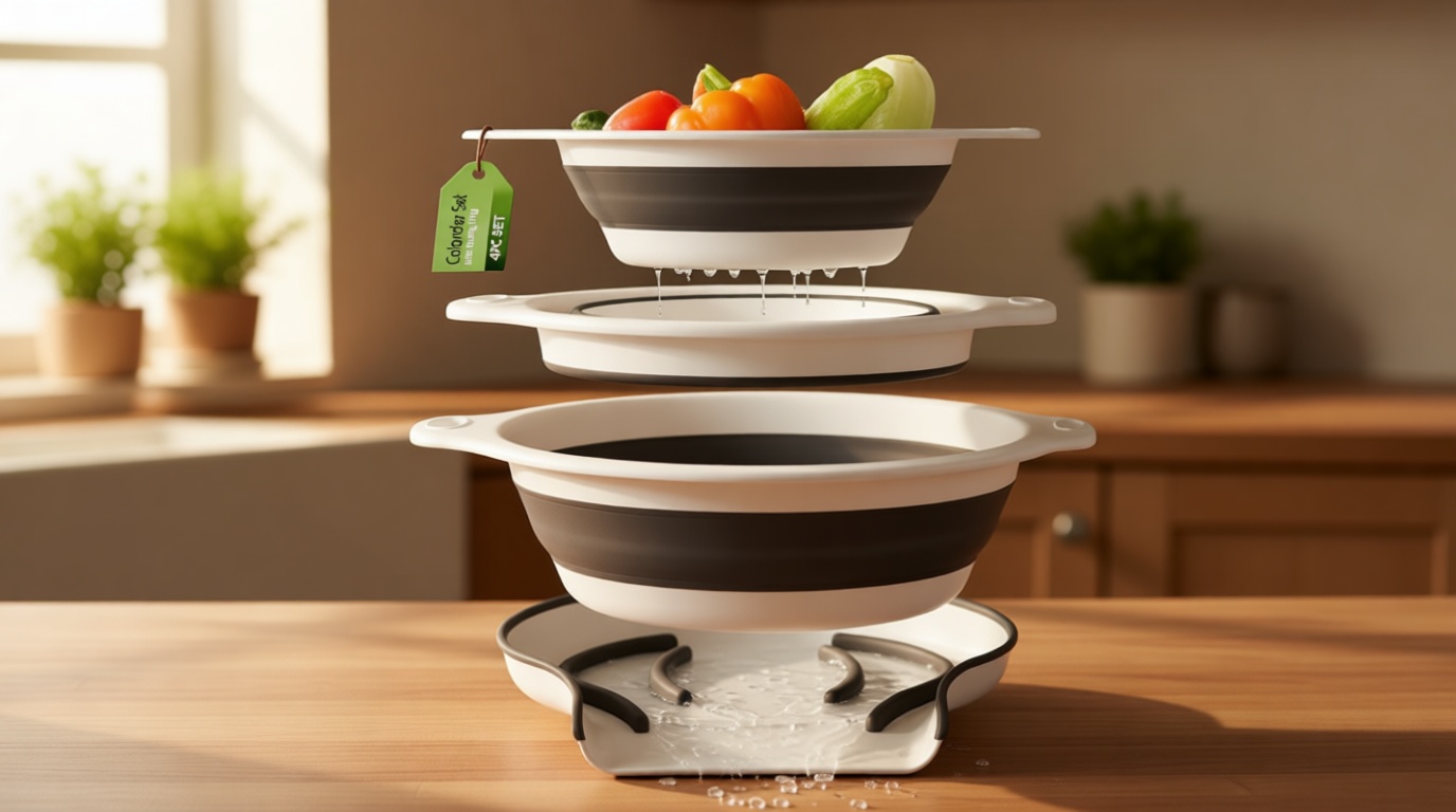 Gevoli Collapsible Colanders (3 Pack Set) Food Strainers with Over-Sink Water Draining Base for Pasta Fruits and Vegetables (Patent Pending) White (3 Sizes, 3QT, 4QT and 5 Quart)