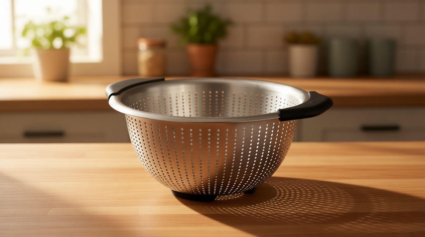 OXO Good Grips Stainless Steel Colander, 5 qt. Capacity, Strainer with Non-Slip Handles, Kitchen Colander for Pasta and Vegetables, Nesting Stainless Steel Strainer and Sieve