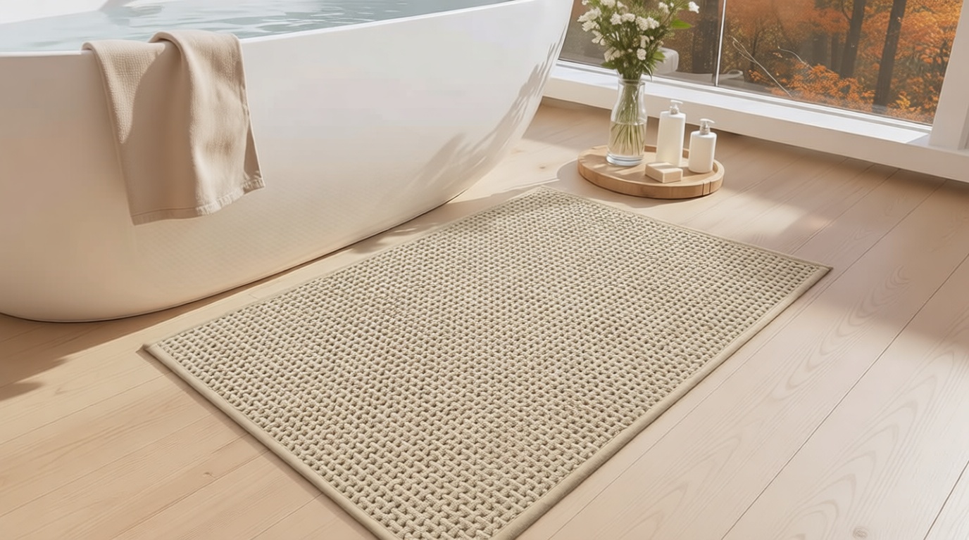 Color&Geometry Rubber Backed Waffle Bath Mat 30x17, Non Slip Machine Washable Bathroom Rugs, Soft Absorbent Chenille Boho Carpet for Bathroom Floor, Tub and Shower, Beige OEKO-TEX STANDARD 100