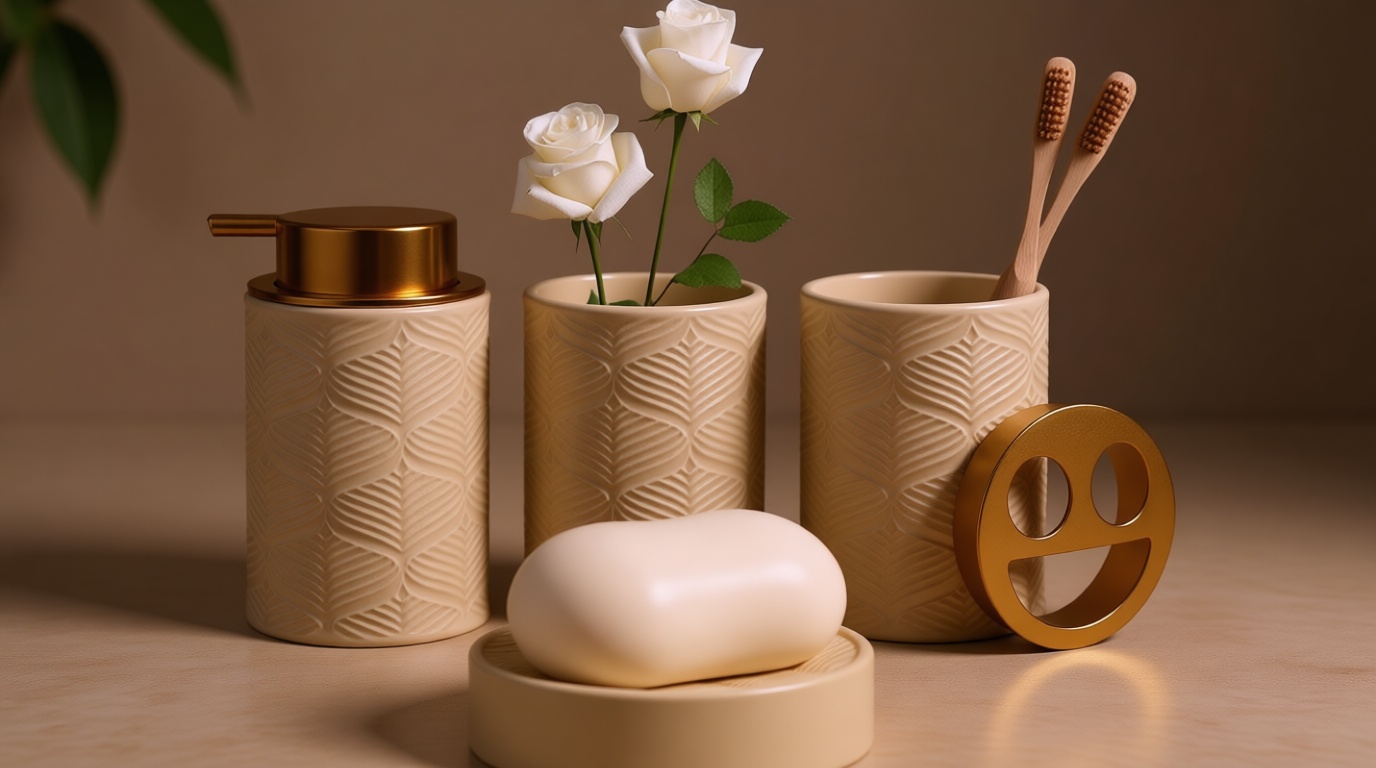 Kukikan Ceramic Bathroom Accessories Set, 4 Pcs-Includes Lotion Soap Dispenser, Toothbrush Holder, Vanity Tray, and Tumbler, Modern Bathroom Decor Organizer with Soap Dish, Apothecary Jar, Beige Color