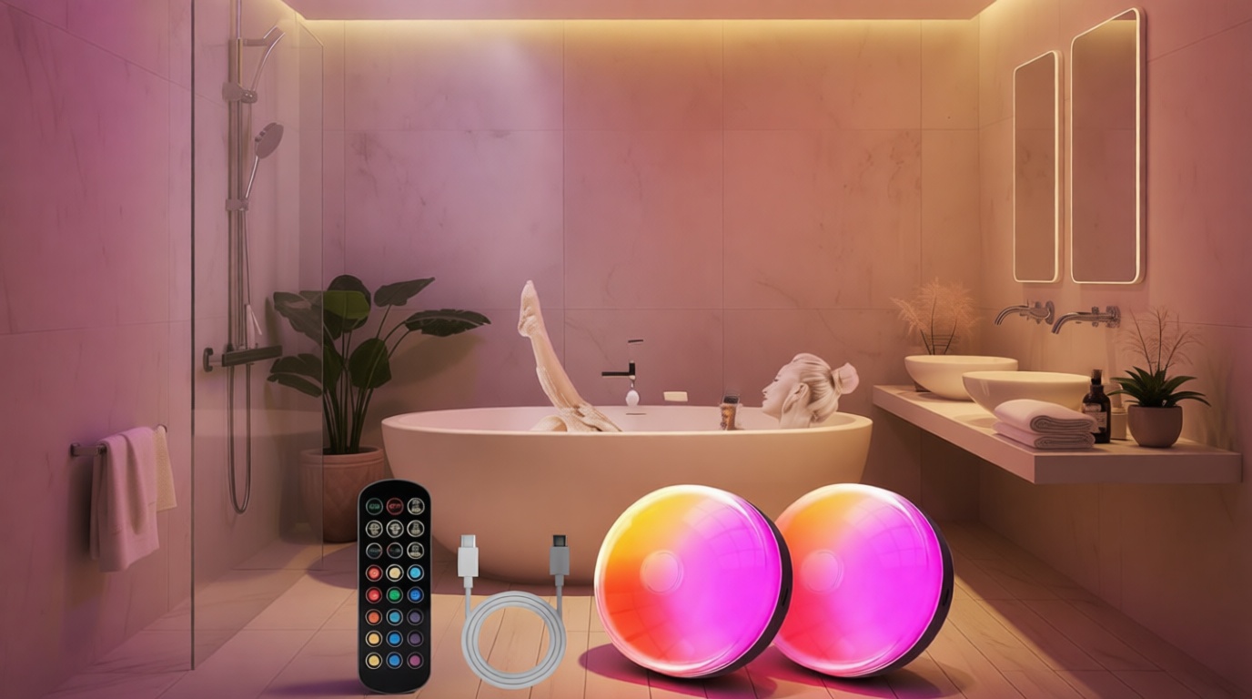 2-Pack Waterproof Shower Lights for Inside Shower, 15 RGBW Color Rechargeable Mood Lighting with Remote(Dimmable＆Timer), LED Wireless Ceiling Light for Bathroom, Closet, Hallway, Stairs, Party Decor