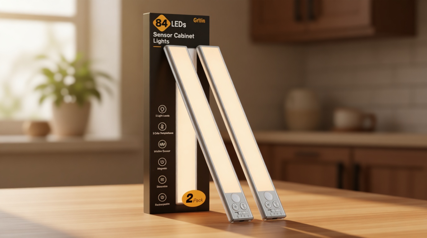 Gritin 10.2inch Under Cabinet Lighting Rechargeable 2 Pack- 3 Color Temps&5 Level Brightness, Super Bright, 4 Modes, Motion Sensor, Long Lasting - Easy Installation Magnetic Under Closet Lights