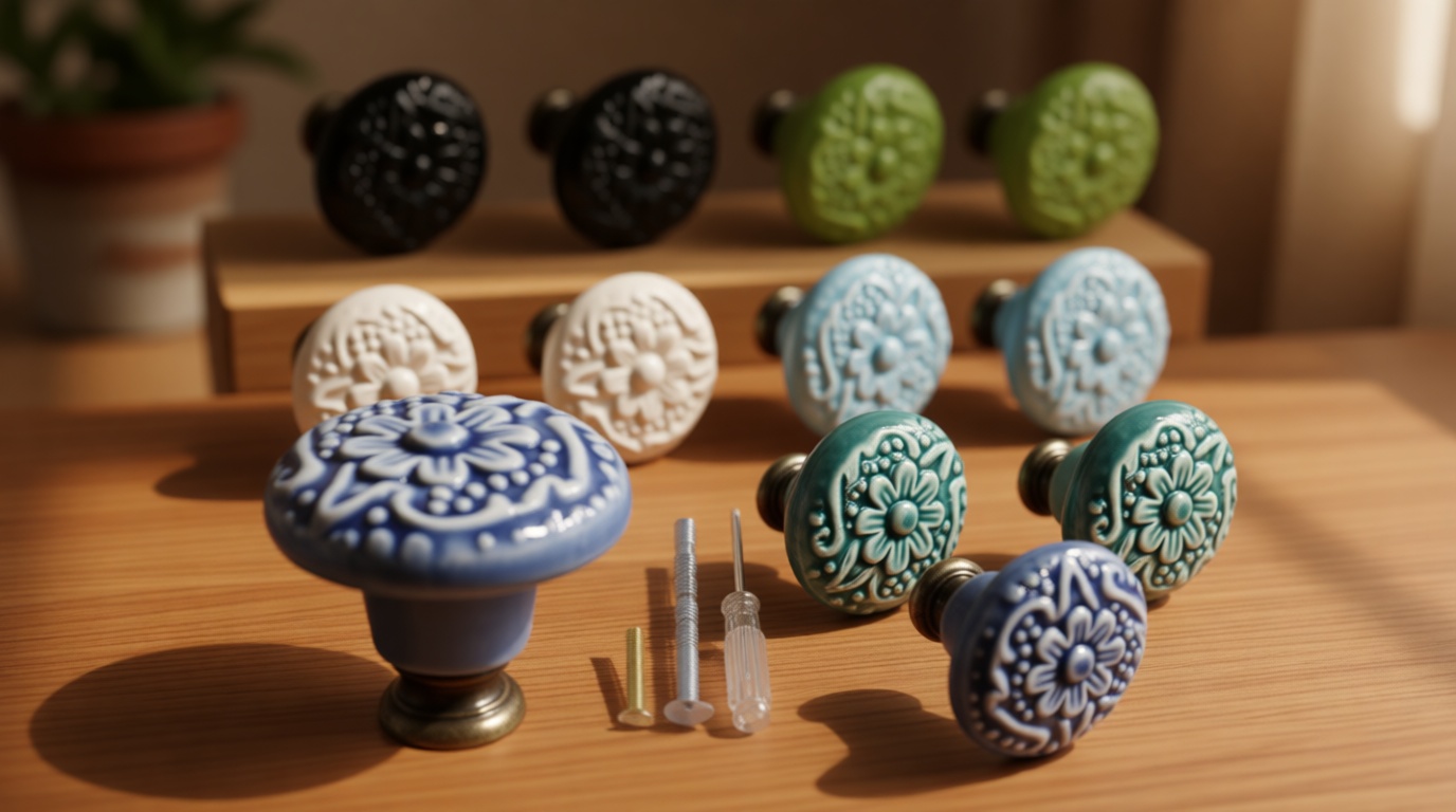 Biaungdo 12 Pcs 6 Colors Ceramic Kitchen Cabinet Knobs and Pulls, Retro and Vintage Round Drawer Knobs, Decorative Closet Door Handles