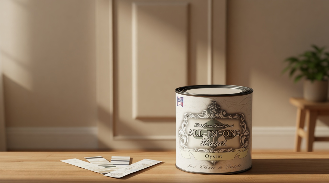 ALL-IN-ONE Paint by Heirloom Traditions, Oyster (Neutral Taupe), Quart - Durable cabinet and furniture paint. Built in primer and top coat, no sanding needed. Includes our 30 featured color card.