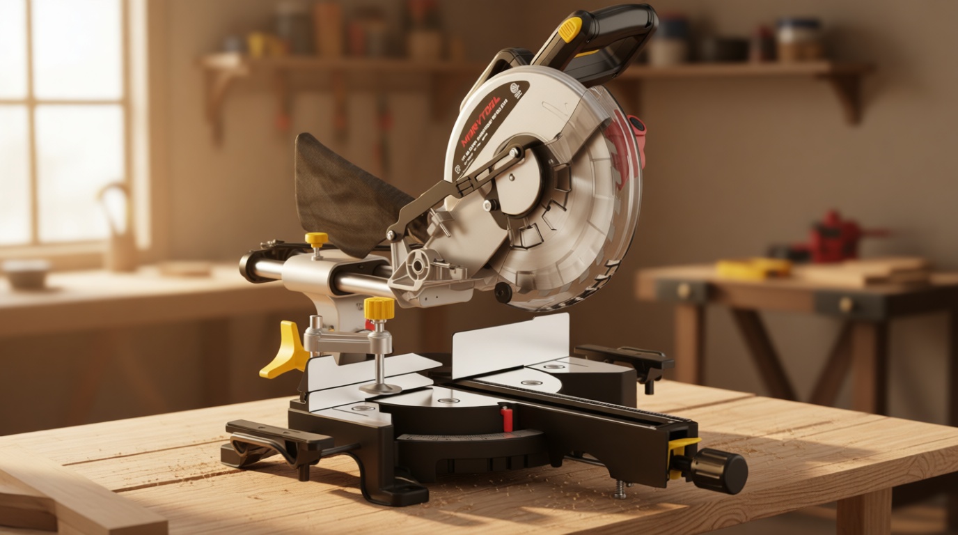 10-inch Sliding Compound Miter Saw, 5000RPM, 15 Amp, Single Bevel 0-45° with Extension Table, 36T Blade, Power Saw for Metal, Plastic, Wood, Laminates