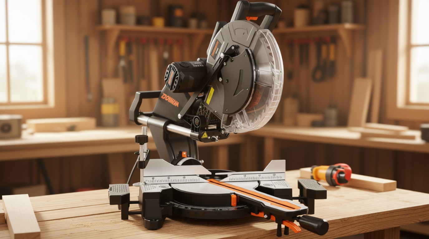 DOVAMAN 12-Inch Dual-Bevel Miter Saw, Compound Sliding Miter Saw, Ambidextrous Operation, 3800RPM, 4.2 x 13in Cutting Capacity, Laser Guide, 0-45° Bevel & Miter Cut, 9 Positive Stops, 15-Amp Corded