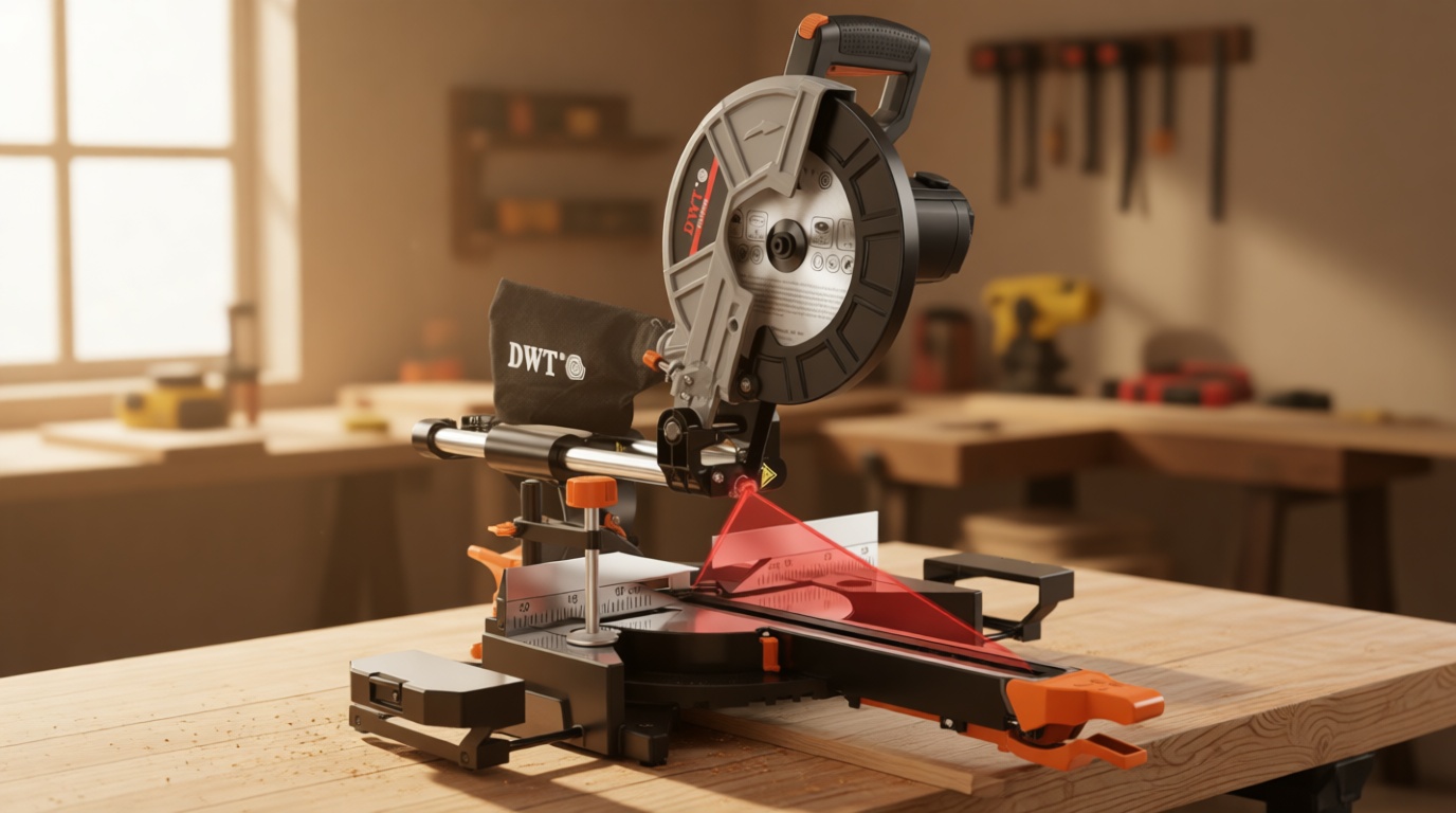 DWT Sliding Compound Miter Saw with 3 Blades, 15A 10", Double Speed (4500 RPM & 3200 RPM), Bevel Cut (0°-45°) with Laser, Extension Table, Iron Blade Guard, Cutting Wood, PVC or Soft Metal