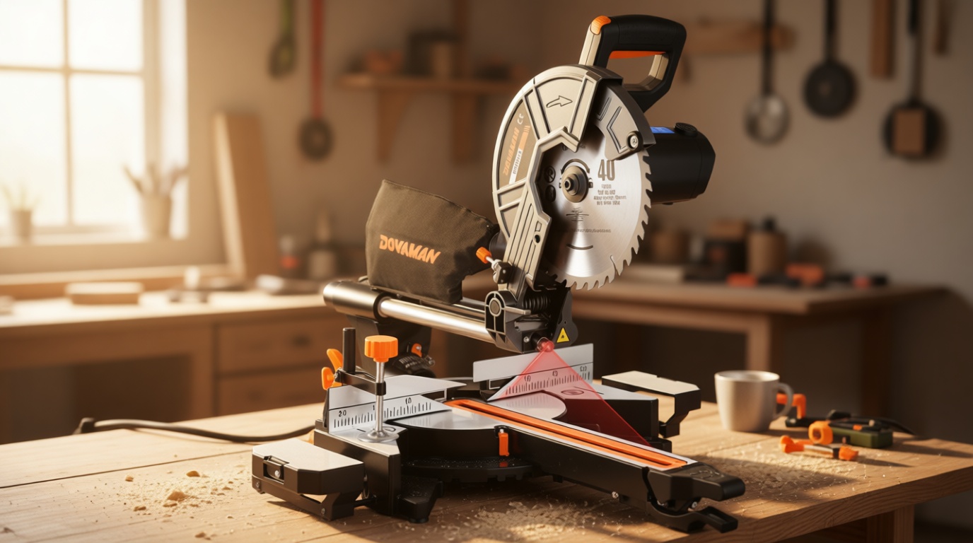 DOVAMAN Updated 10-Inch Sliding Miter Saw, Multi-Material Cutting w/ 3 x TCT Blades, Ambidextrous Operation, 5000/3200RPM Speed, Laser Guide, 0-45° Bevel Cut, Max Cut 3.5x13.4in, 9 Positive Stops