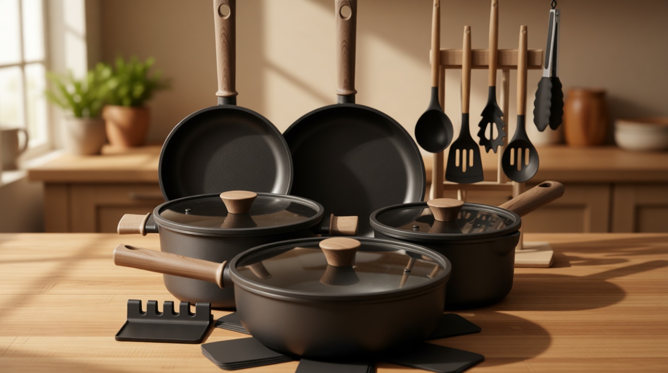 Astercook Non Stick Pots and Pans Set, Healthy Non-Toxic Titanium Induction Kitchen Cookware Sets for Cooking with Frying Pans, PFAS/PTFE/PFOA & PFOS Free, Black, 19 Pcs