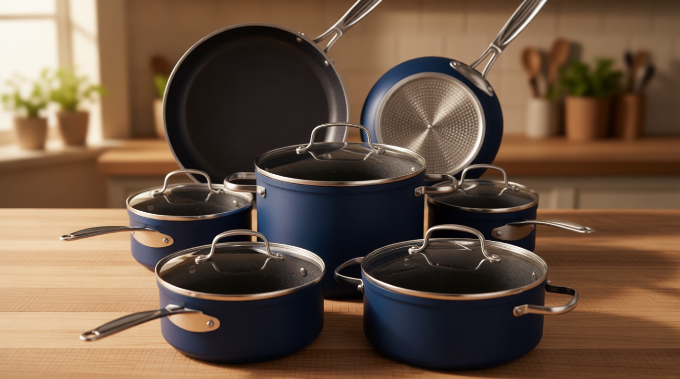 Nuwave Healthy Duralon Blue Ceramic Nonstick 12pc Cookware Set,Diamond Infused Scratch-Resistant,PFAS Free,Dishwasher & Oven Safe,Induction Ready & Evenly Heats, Tempered Glass Lids, Stay-Cool Handles