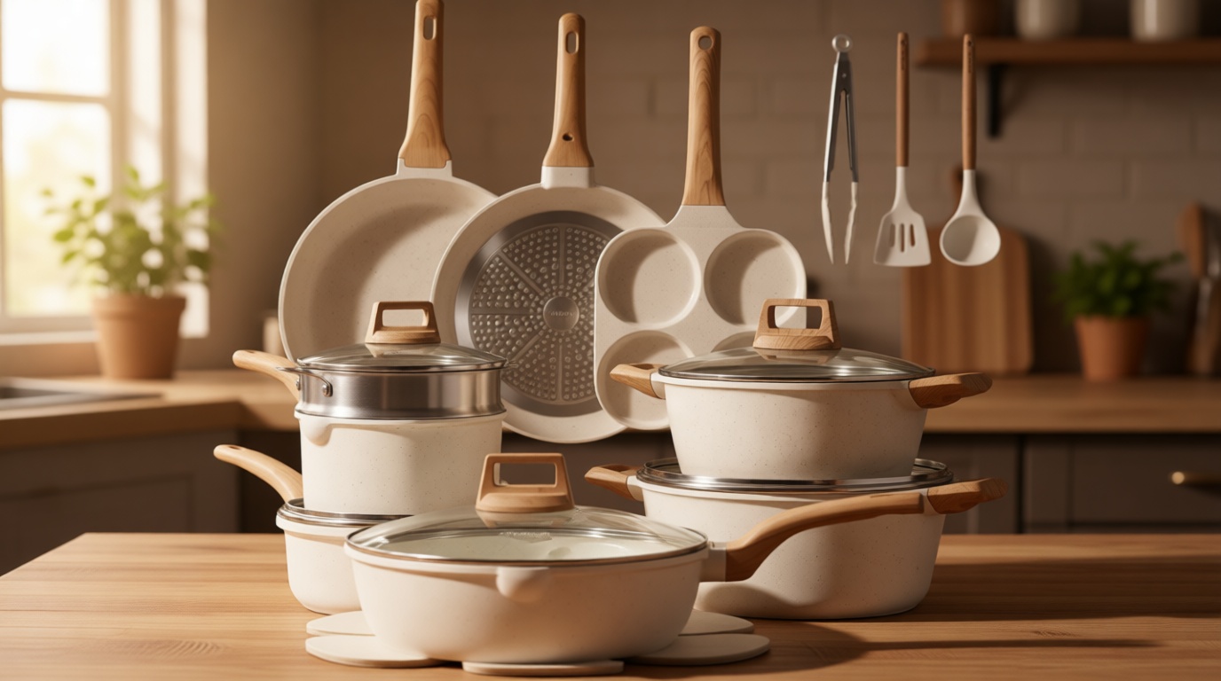 CAROTE 21Pcs Pots and Pans Set, Nonstick Cookware Sets, White Granite Induction Cookware Non Stick Cooking Set w/Frying Pans & Saucepans(PFOS, PFOA Free)