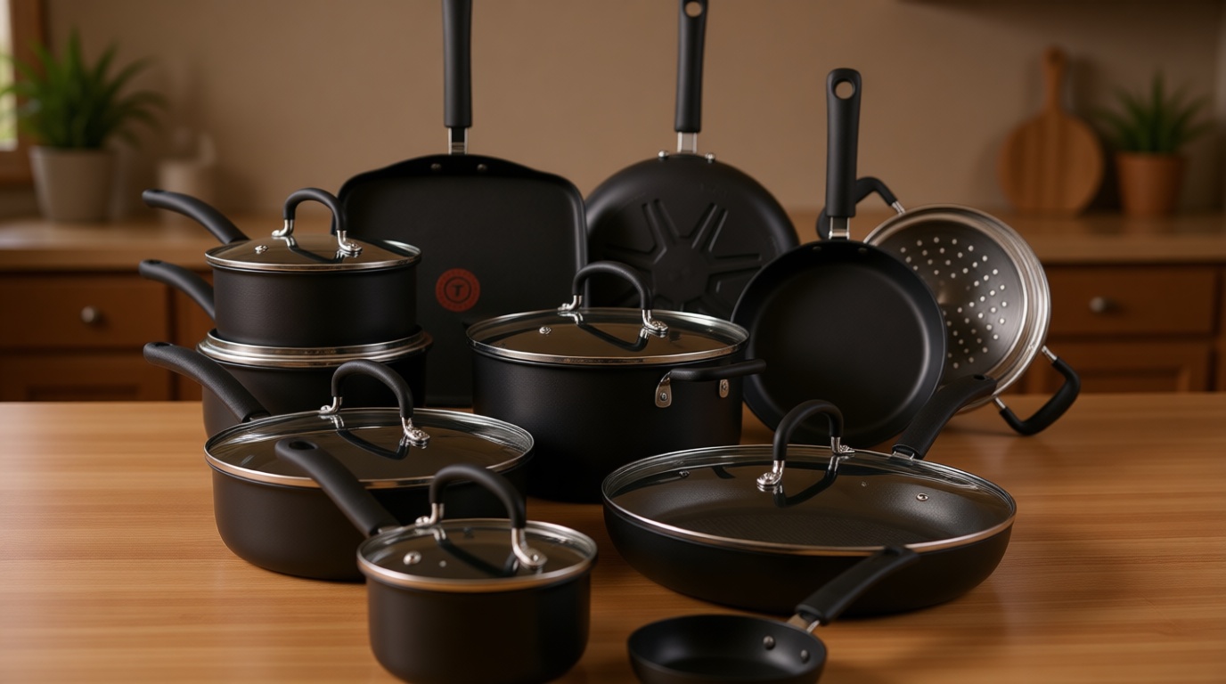T-Fal Ultimate Hard Anodized Nonstick Pots and Pans Set 17 Piece, Nonstick Cookware Set with Fry Pan, Saucepans, Saute-Pan, Griddle, Dishwasher Safe, Onyx