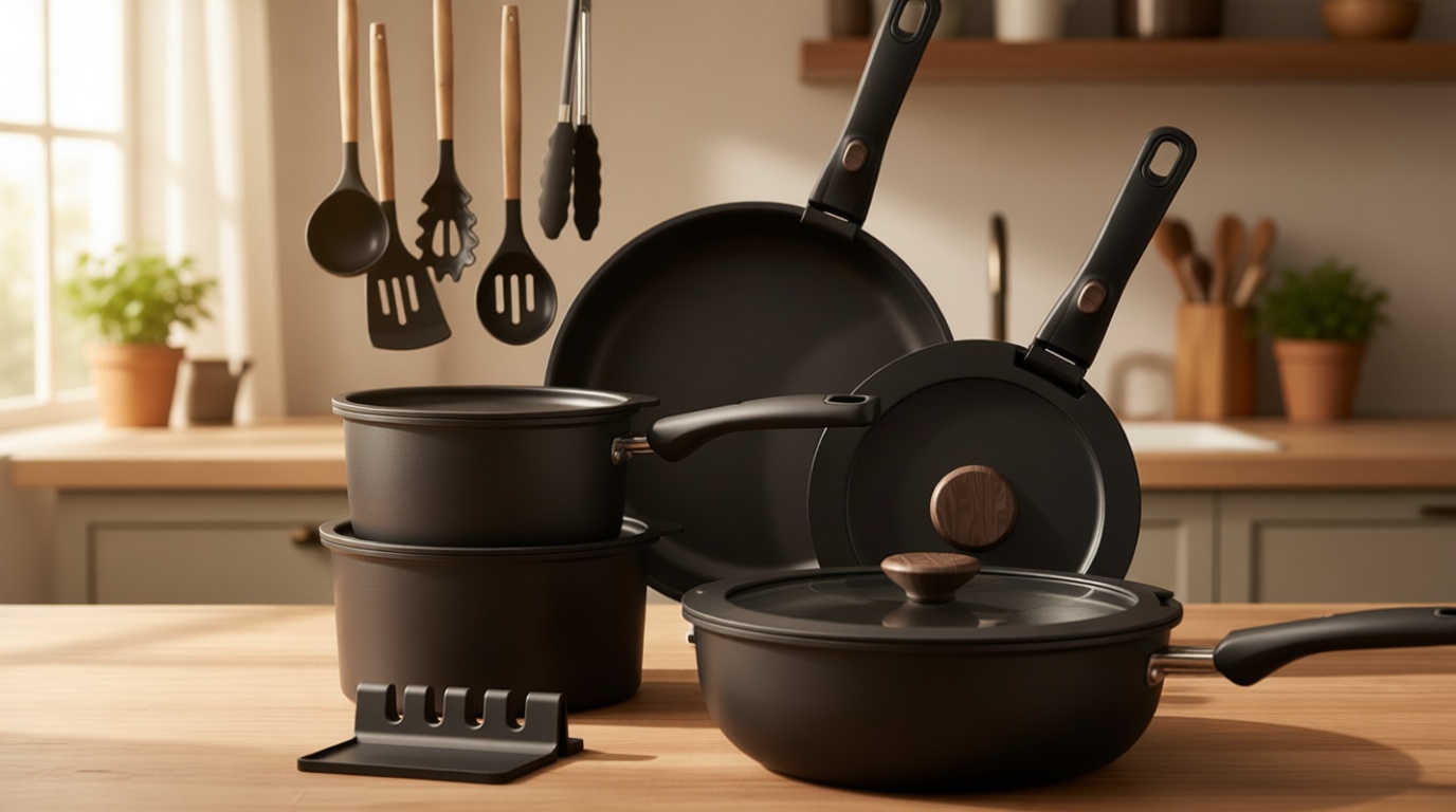 Astercook Non Stick RV Pots and Pans Ceramic Kitchen Cookware Set with Detachable/Removable Handle, Oven Safe, Induction Ready, Stackable, Black, 21 pcs