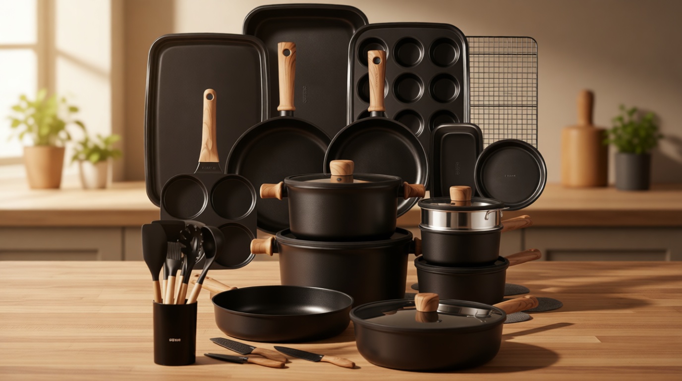 CAROTE 44pcs Nonstick Kitchen Titanium Cookware Sets, Nonstick Pots and Pans, Induction Cookware Set Kitchen Cooking Sets, Non Stick w/Frying Pan,Black