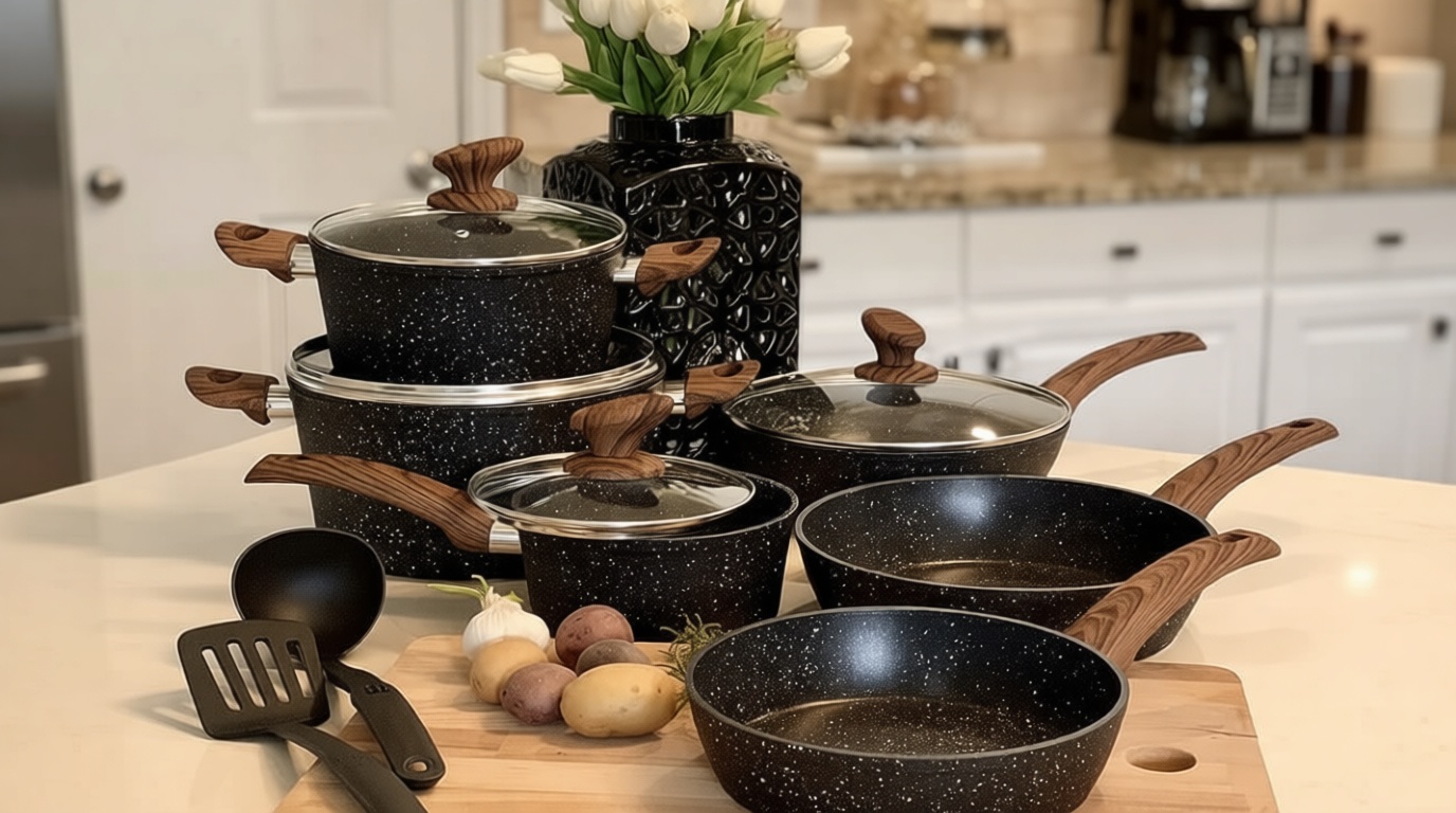 Kitchen Academy Induction Cookware Sets - 12 Piece Cooking Pan Set, Granite Black Nonstick Pots and Pans Set