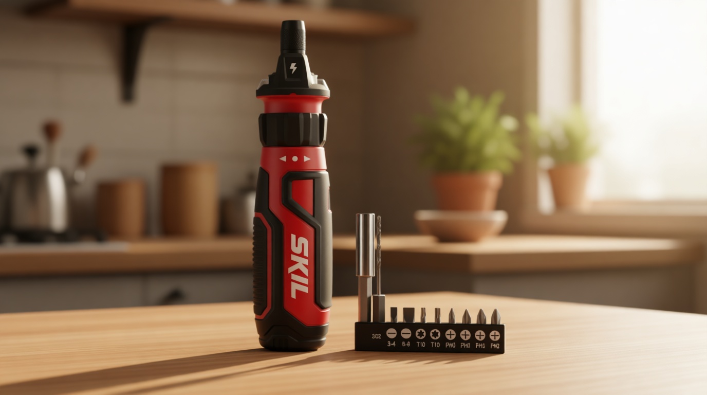 SKIL Rechargeable 4V Cordless Screwdriver with Circuit Sensor Technology, Includes 9pcs Bit, 1pc Bit Holder, USB Charging Cable - SD561201, Red
