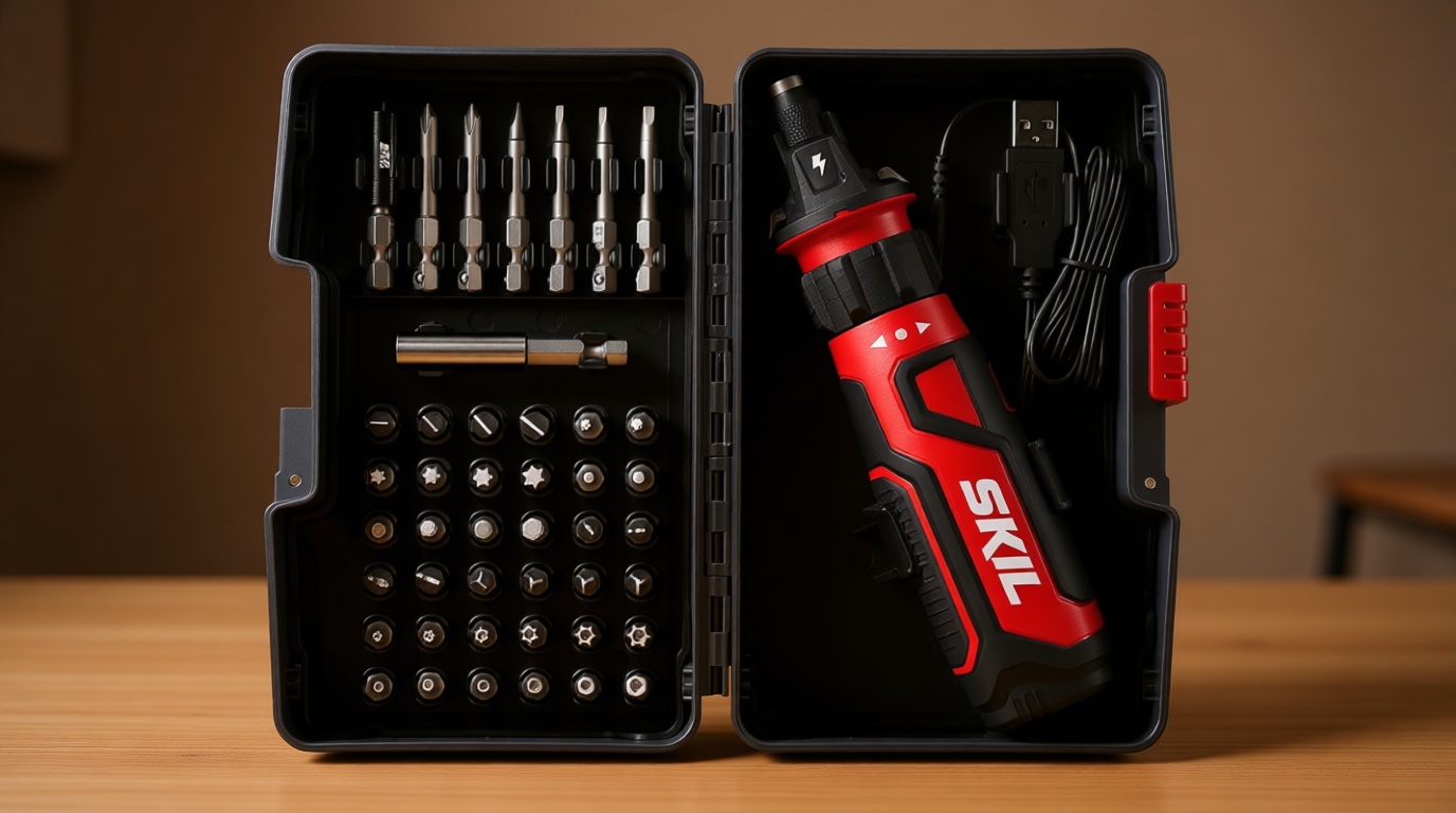 SKIL Rechargeable 4V Cordless Screwdriver with Circuit Sensor Technology Includes 45pcs Bit Set, USB Charging Cable, Carrying Case - SD561204
