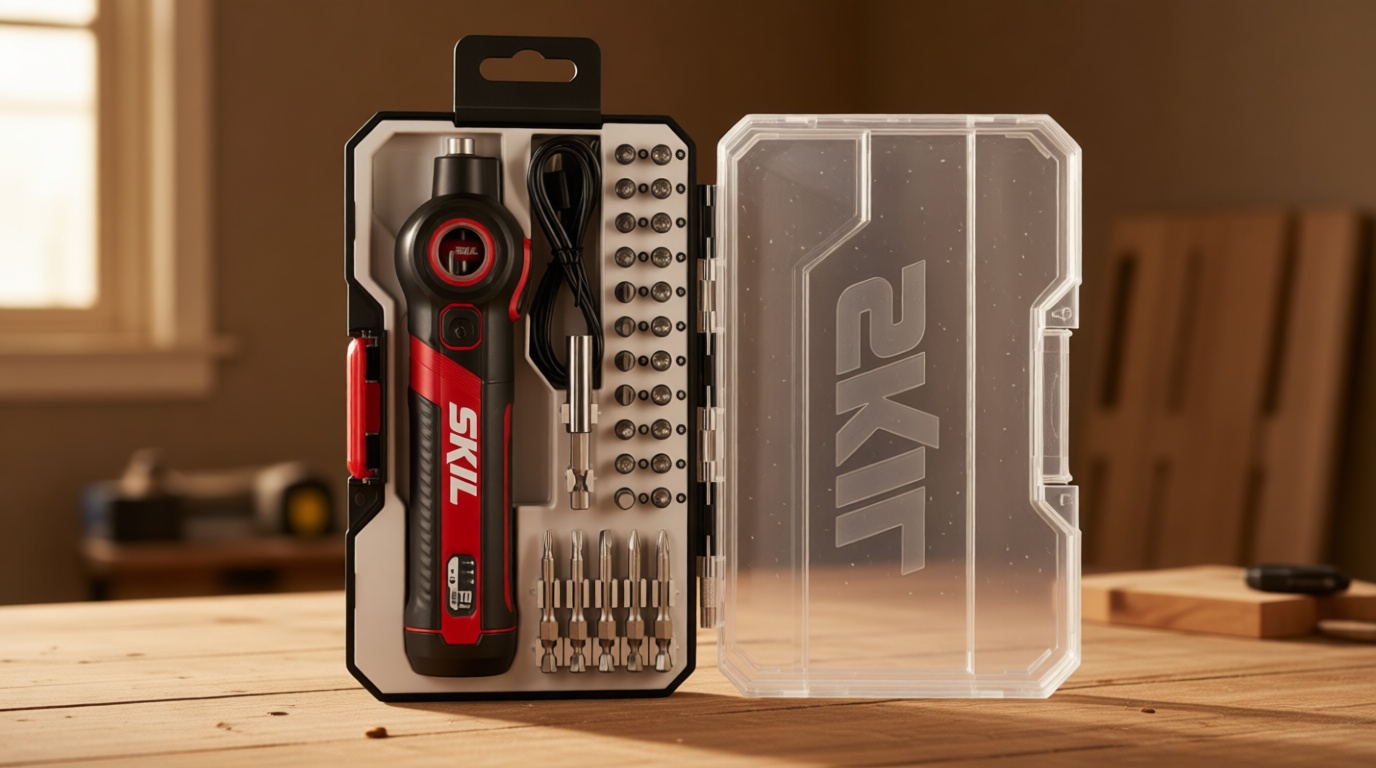 SKIL Twist 2.0 Rechargeable 4V Screwdriver with Pivoting Head, Torque Setting, USB-C Charging Cable, 28 PC Bit Set & Carrying Case- SD5619-02