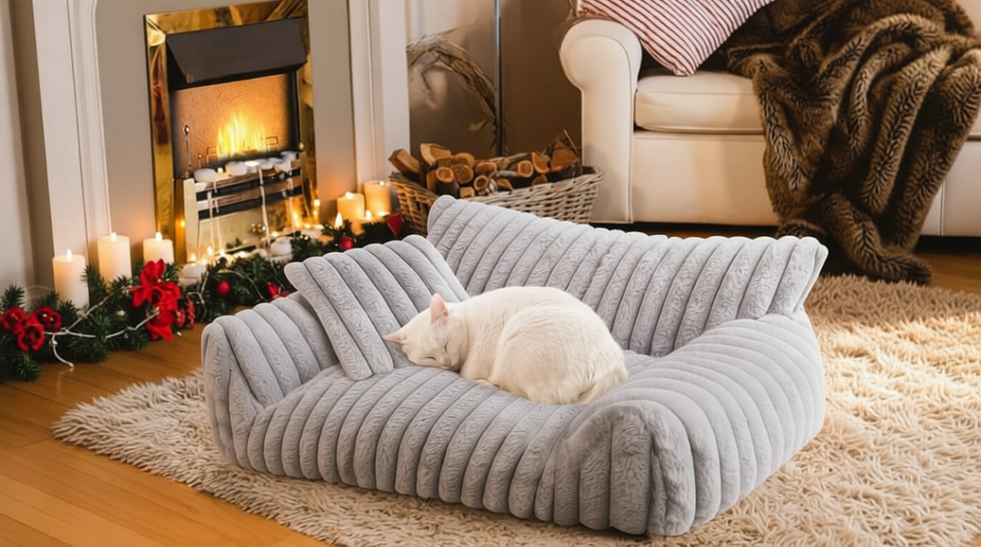 Cute Cat Couch Bed for Indoor Cats, Fluffy Pet Cat Sofa with Premium Soft Corduroy Fleece, Cute Small Dog Beds for Small Dogs, Fuzzy Puppy Chair with Removable Washable Cover (24x18x10,Grey)