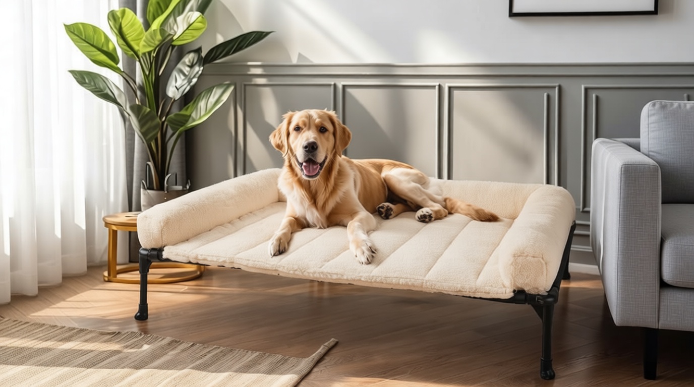 Veehoo Orthopedic Elevated Dog Bed with Fluffy Plush Bolster Cushion, Indoor Raised Dog Beds for Large Dogs, Soft Pet Sofa Cot with Removable Washable Mat, No-Slip Feet, 42 x 30 inches, Cream White