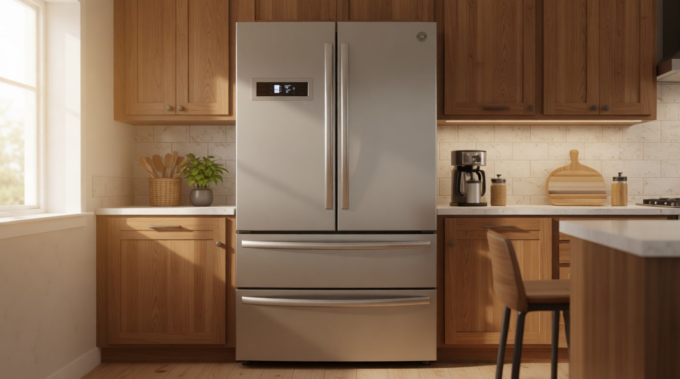 BRAMA French Door Refrigerator with Ice Maker and Dual Drawer Bottom Freezer, 20.7 Cu.Ft. Capacity with Adjustable Shelves Counter Depth Stainless Steel Exterior, 36-Inch, Metallic