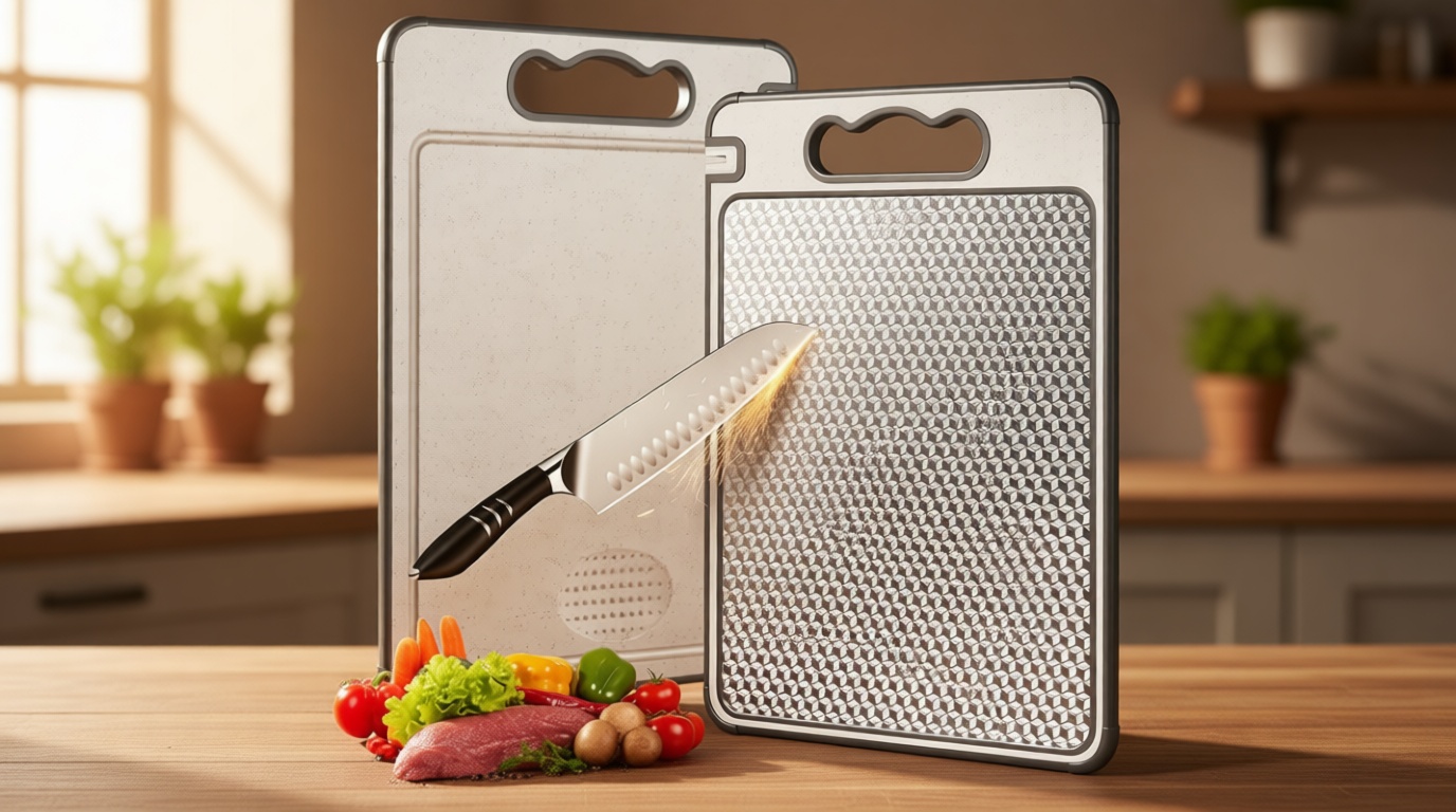LOZOVIN Stainless Steel Cutting Board for Kitchen, Scratch Resistant Mesh Design, Reversible 304 Stainless Steel & Wheat Straw, Non Toxic Chopping Board for Meat, Dishwasher Safe, 14.4"*9.8",1Pcs Grey