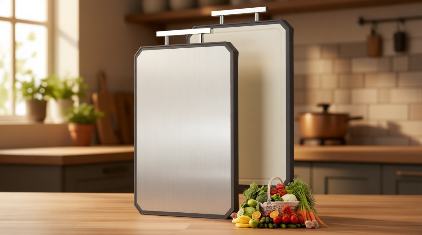 SNOWCLAD Stainless Steel Cutting Board,Double Sided Steel Bread Boards for kitchen,Stainless Steel/Wheat straw pp Large Board for meat,non toxic Chopping,16 * 11 Inch,Dishwasher Safe Global Recycled Standard