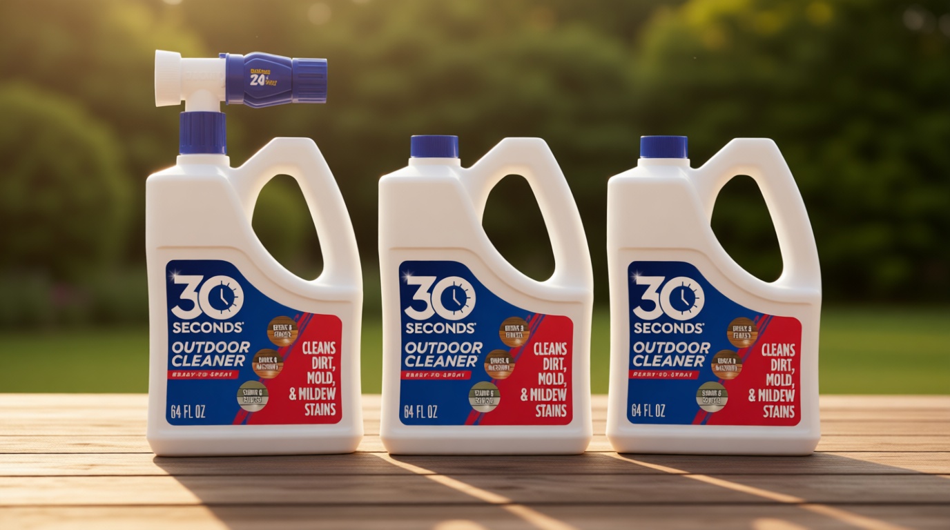 30 Seconds Outdoor Cleaner | Cleans Moss Stains from House, Vinyl Siding, Deck, Patio, Fence - 3 Capped Bottles, 1 Hose End Spray Attachment (64 Fl Oz (Pack of 3)
