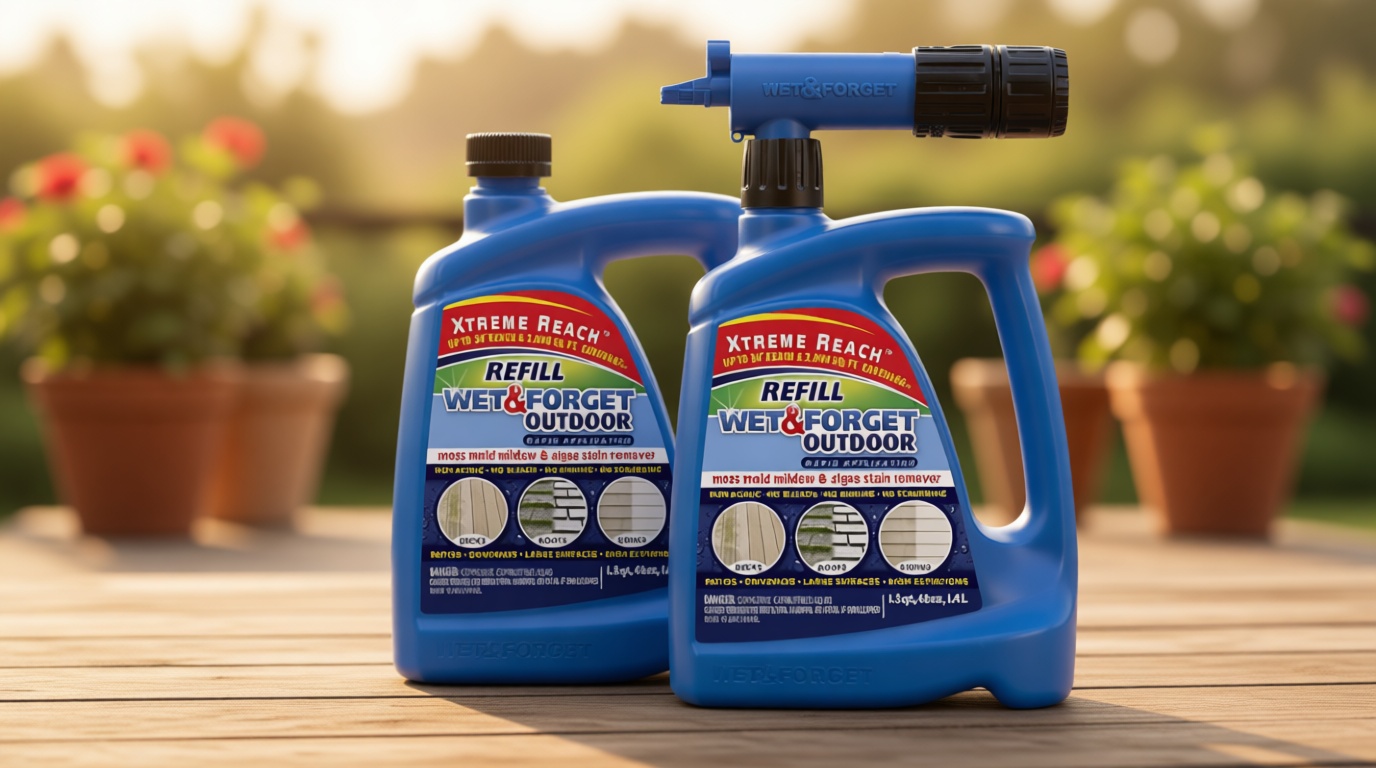 Wet & Forget Outdoor Stain Remover Multi-Surface Cleaner, Xtreme Reach Hose End with New & Improved Nozzle, 48 Fluid Ounces, 1 Pack + Refill
