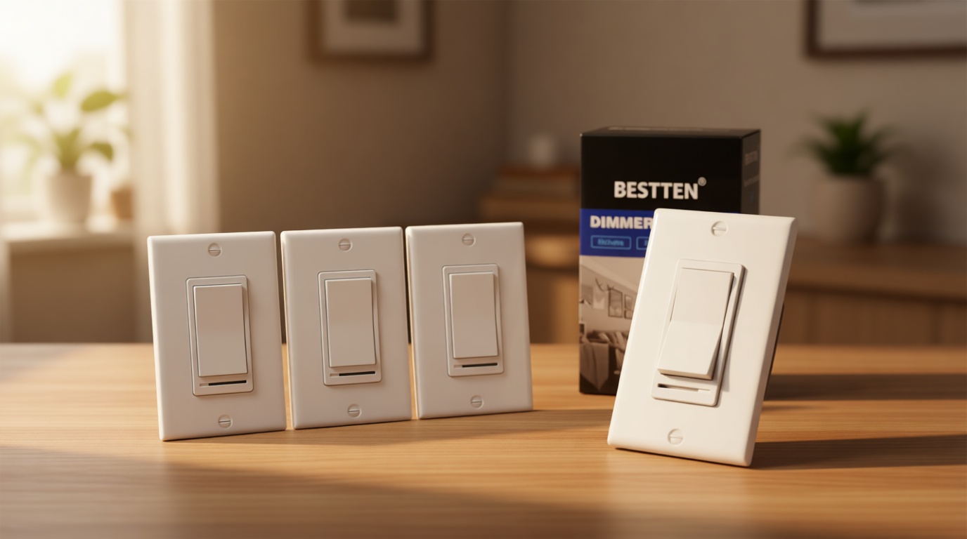 BESTTEN 10 Pack Dimmer Light Switch, Single-Pole or 3-Way Dimmer Switches, 120V, Compatible with Dimmable LED, CFL, Incandescent and Halogen Bulbs, Decorator Wallplate Included, UL Listed, White
