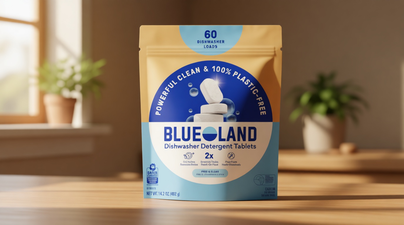 BLUELAND 100% Plastic-Free Dishwasher Detergent Tablets, 60 Count, Free & Clear, Eco-Friendly Dishwashing Pods, Natural, USDA Certified biobased Cradle to Cradle Certified U.S. EPA Safer Choice EWG Verified