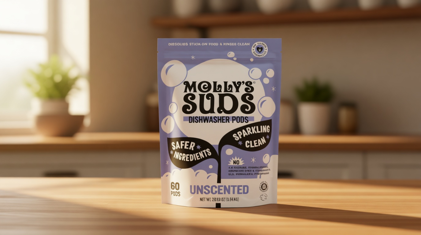 Molly's Suds Dishwasher Pods | Clean Dishwasher Detergent, Cuts Grease & Rinses Clean (Residue-Free) for Sparkling Dishes | 60 Auto-Release Tabs (Unscented)