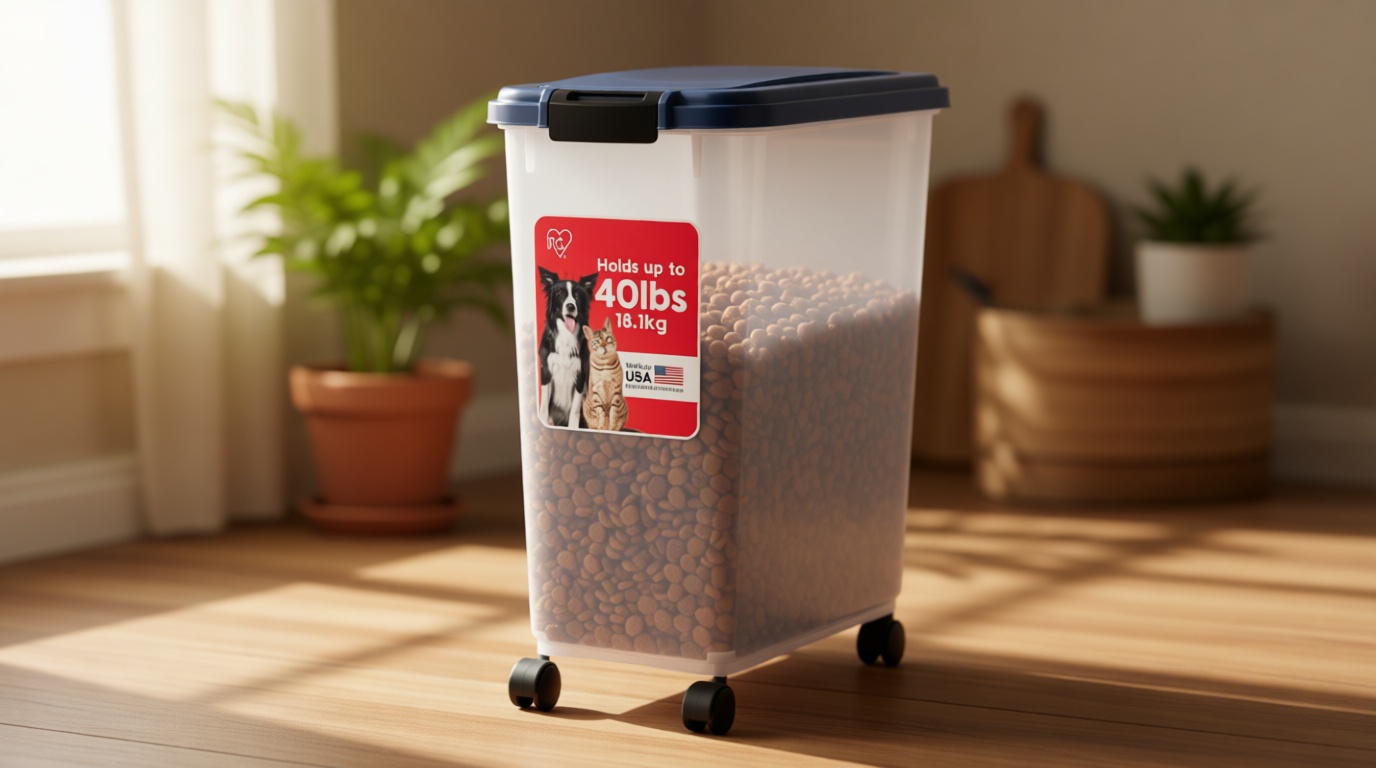 IRIS USA Airtight Dog Food Storage Container, Up to 40 lbs, Attachable Wheels, For Dog Cat Bird and Other Pet Food Storage Bin, Keep Fresh, Translucent Body, Easy Mobility, Navy