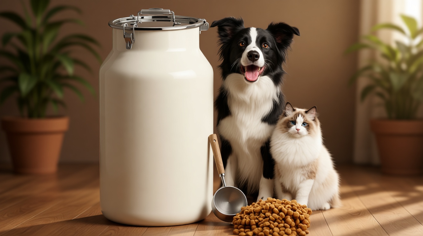 Dog-Cat Food Storage Container 45 lb/48 Qt, Large Stainless Steel Pet Food Bin with Airtight Lid & Scoop Included, Durable 304 Metal Storage for Dogs & Cats