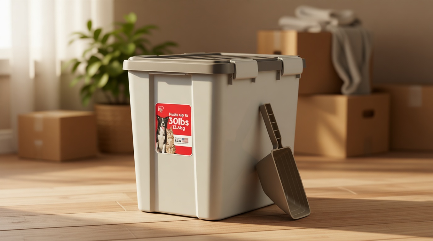 IRIS USA Stackable Dog Food Storage Container with 2 Cup Scoop, 4 Secure Latches, Fits up to 30 lbs, Pet Dry Food Bin, Gasket Seal Lid, BPA Free, Stackable, Easy Measure, Gray/Dark Gray