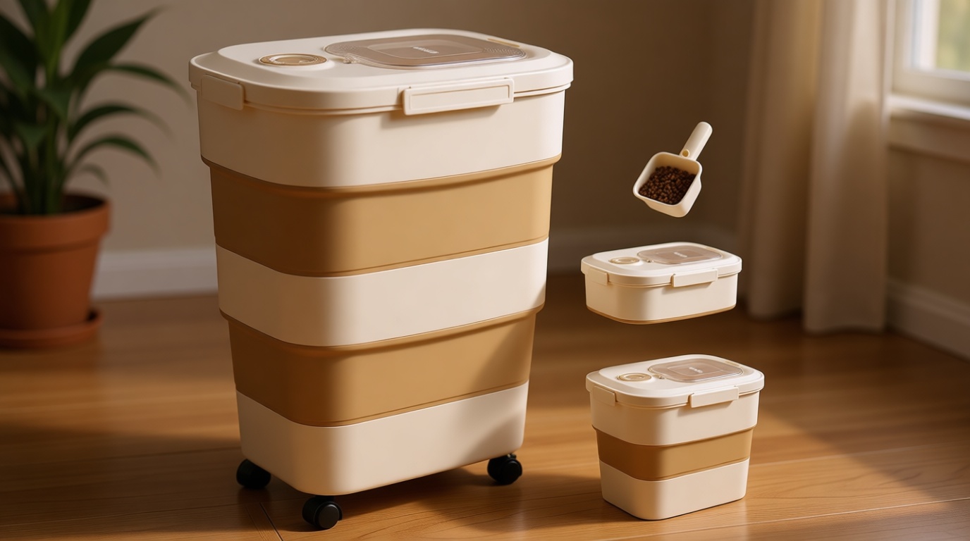 ZOMISIA 40-50lbs Dog Food Storage Container, Large Capacity Collapsible Airtight Pet Food Storage Containers with Rolling Wheels, Transparent Lid, Scoop and Date Track, Khaki