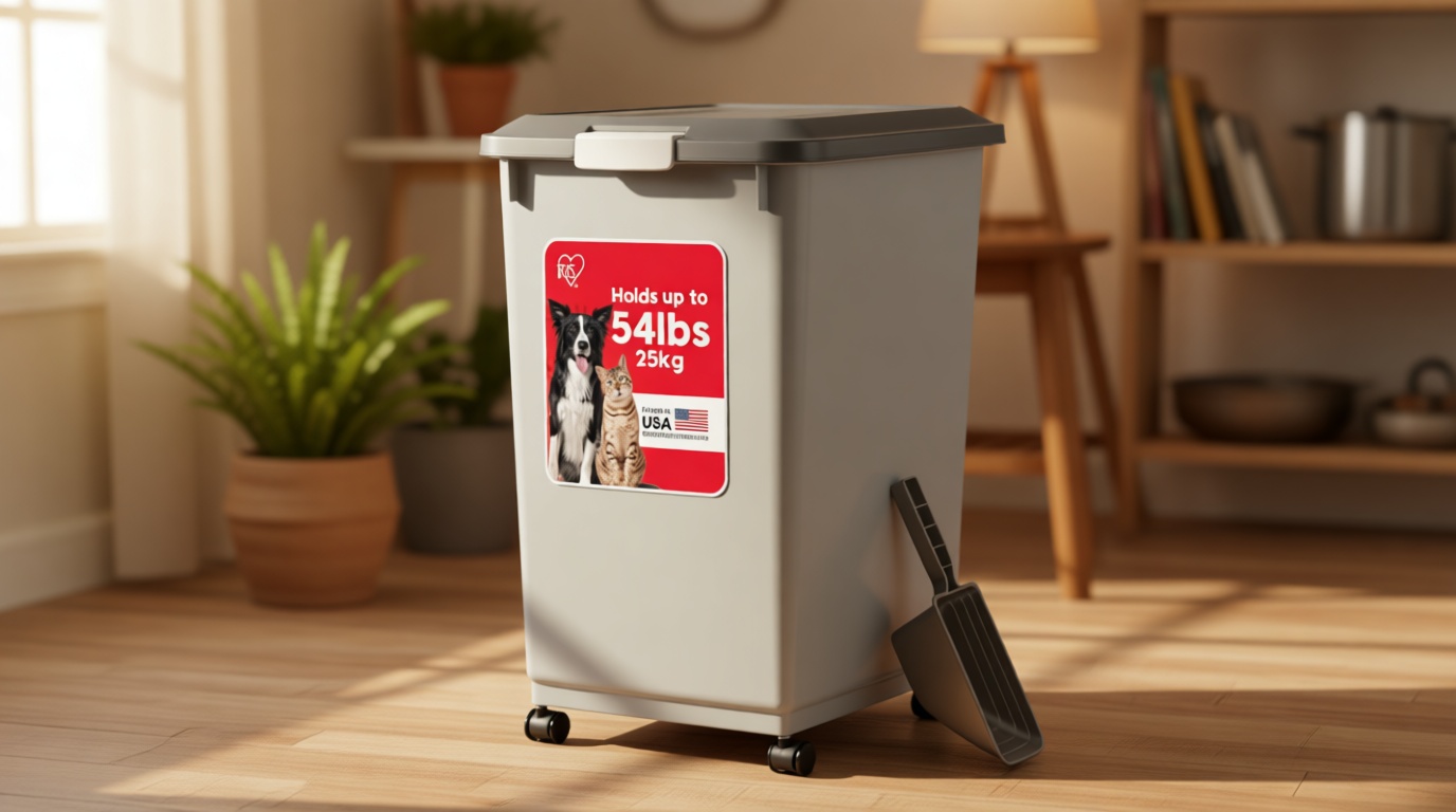 IRIS USA Dog Food Storage Container with Wheels, Airtight Lid, 2-Cup Scoop, Up to 54 Pounds Pet Food Storage, Built in Scoop Storage in Lid, Versatile Pet Food Bin, Portable, BPA Free, Gray/Dark Gray