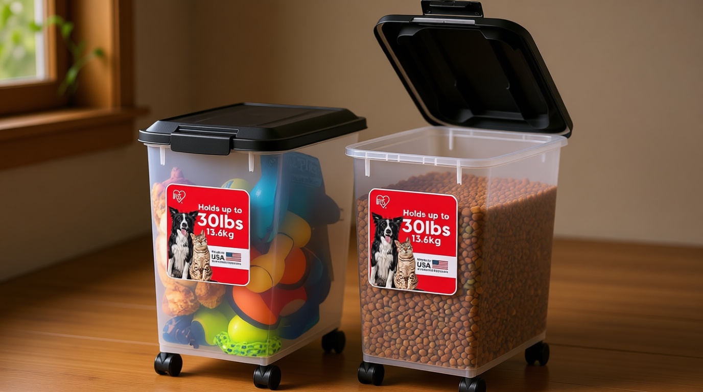 IRIS USA Dog Food Storage Container, 2 Pack, Up to 30 lbs Each, Airtight Seal for Freshness, Wheels for Rolling, Easy One Hand Opening, Made in USA, BPA Free, Clear/Black