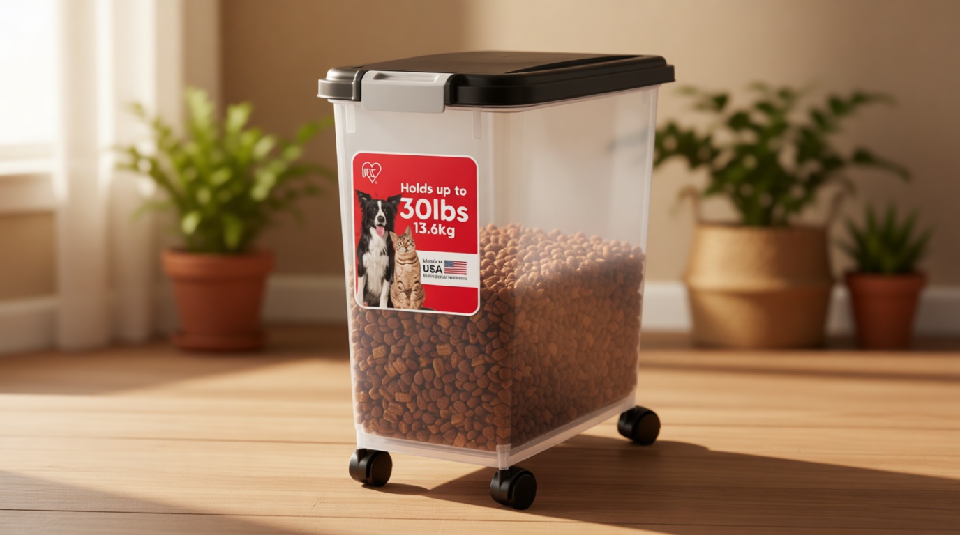 IRIS USA Airtight Dog Food Storage Container, Up to 30 lbs, Attachable Wheels, for Dog Cat Bird and other Pet Food Storage Bin, Keep Fresh, Easy Mobility, BPA Free, Black