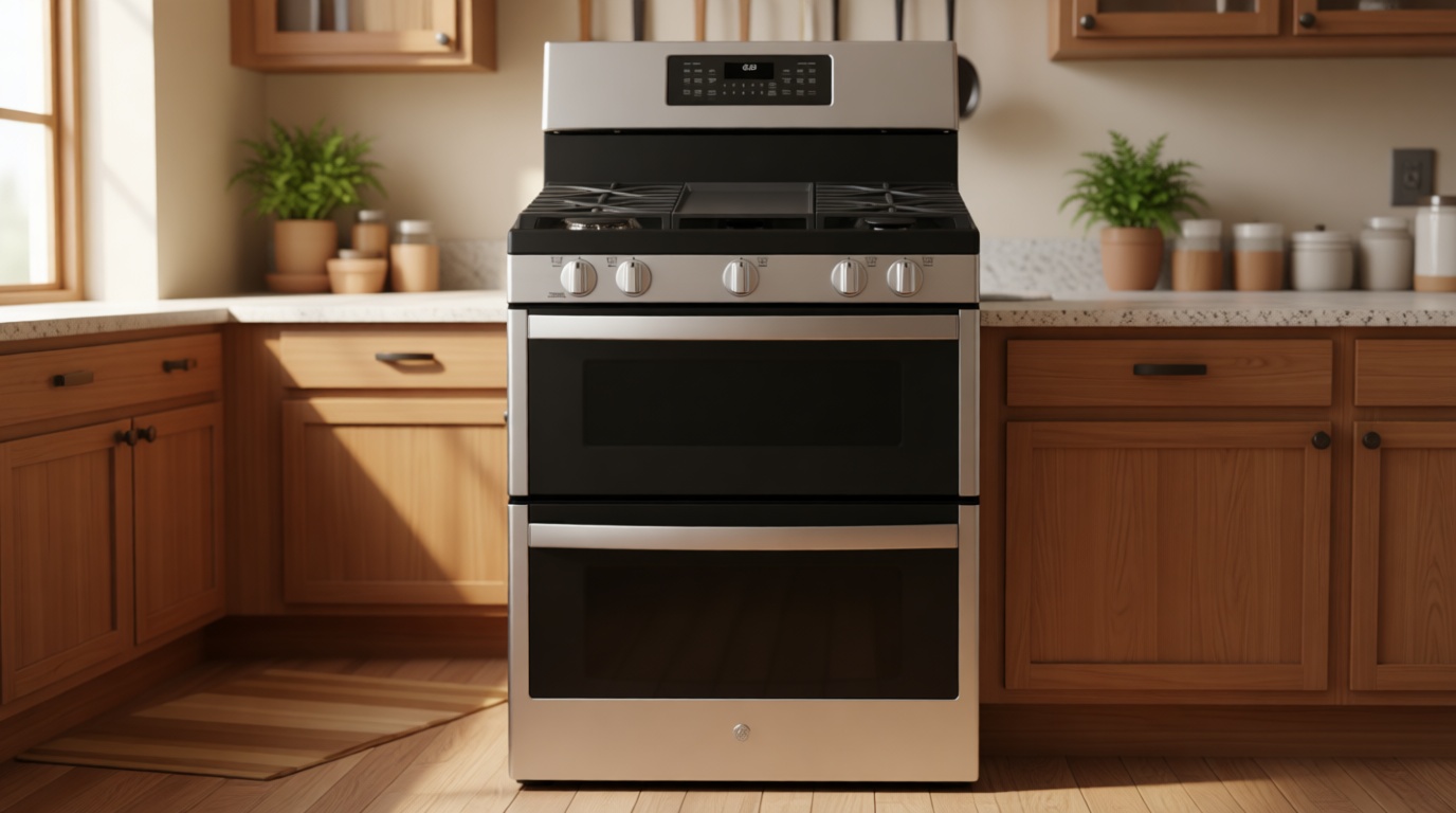GE JGBS86SPSS 30" Free-Standing Gas Double Oven Convection Range 5 Sealed Burners, 6.8 Cu. Ft. Total Capacity, Dishwasher Safe Continuous Cast Iron Grates, Steam Clean