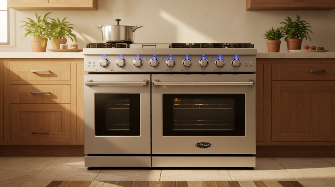 COSMO COS-EPGR486G 48 in. Haven Collection 7 cu. ft. Double Oven Gas Range, 6 Burners, Griddle, Convection, Knob LEDs, Stainless Steel