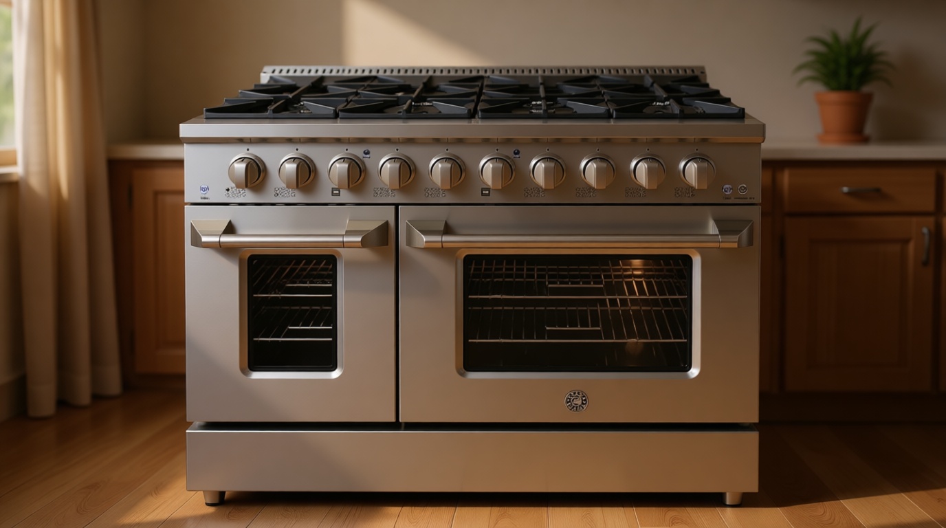 BRAMA Gas Range with 8 Burner Cooktop, 48-Inch with Double Oven Porcelain Convection Oven and Broil Function, 8 Sealed Burners Continuous Grates with Stainless Steel Construction, 6.7 Cu.Ft., Metallic