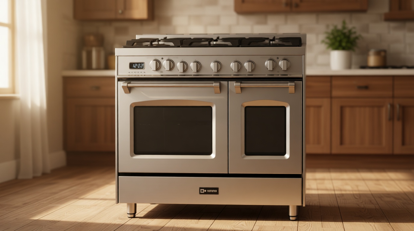 Verona VPFSGE365DSS 36" Prestige Series Freestanding Dual Fuel Range with Double Oven 5 Sealed Burners Oven Racks, Continous Cast-Iron Grates in Stainless Steel