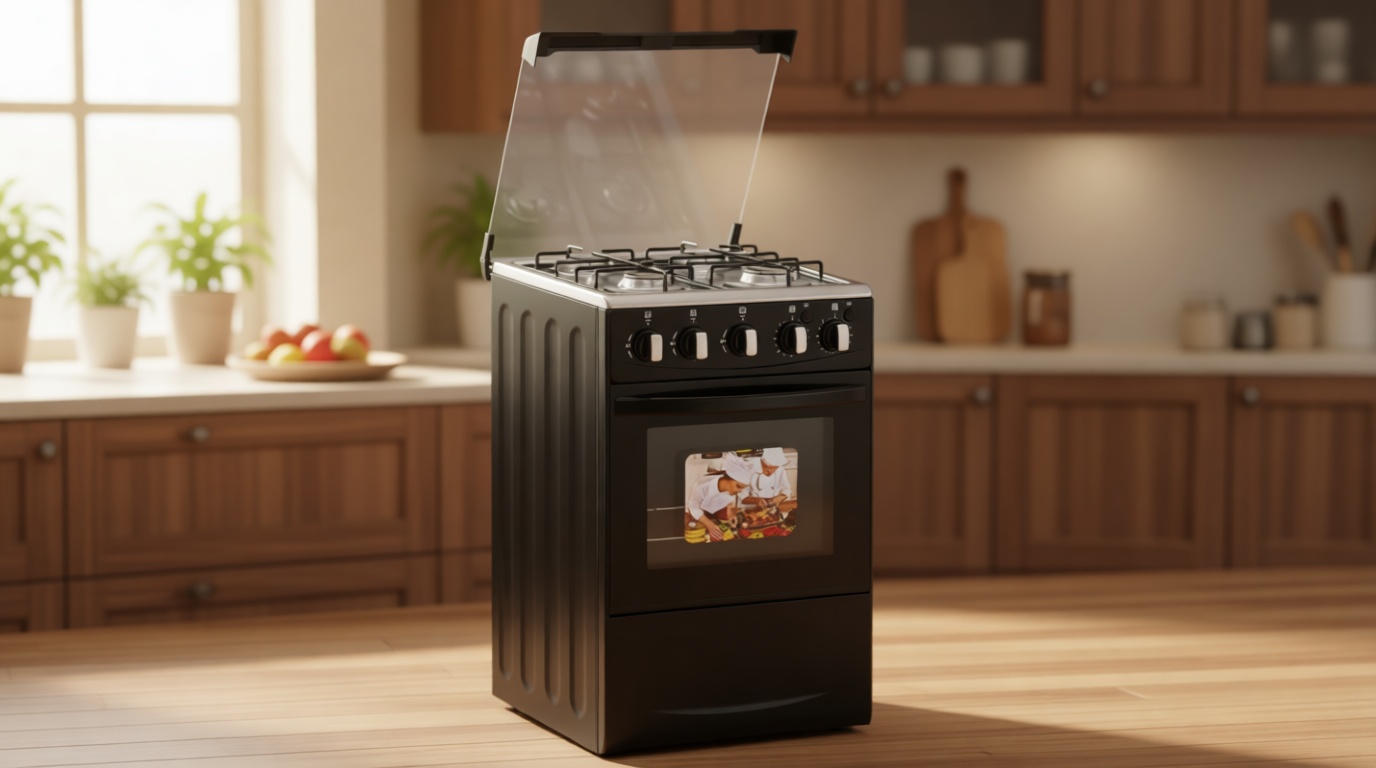 Gas Range with Double-Layer Glass Door, 4 Burners, Cast Iron Rack, 60L Capacity, Dedicated LPG