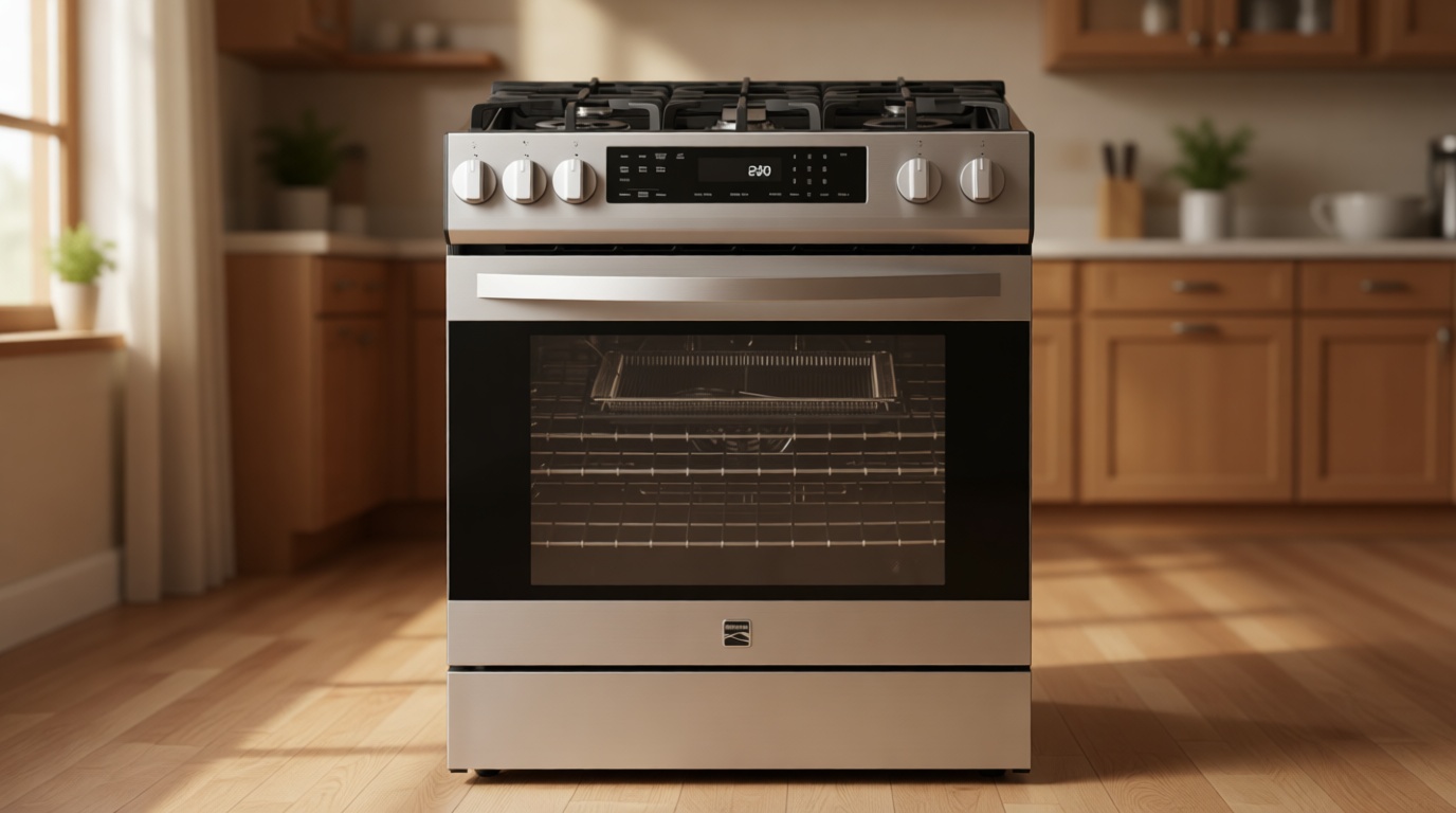 Kenmore 5.6 cu. ft. Front Control Gas Range Oven with 5 Cooktop Burners - True Convection, Air Fry, Turbo Boil, Self Clean, Dishwasher Safe Grates, Three Chrome Racks, LP Kit - Stainless Steel
