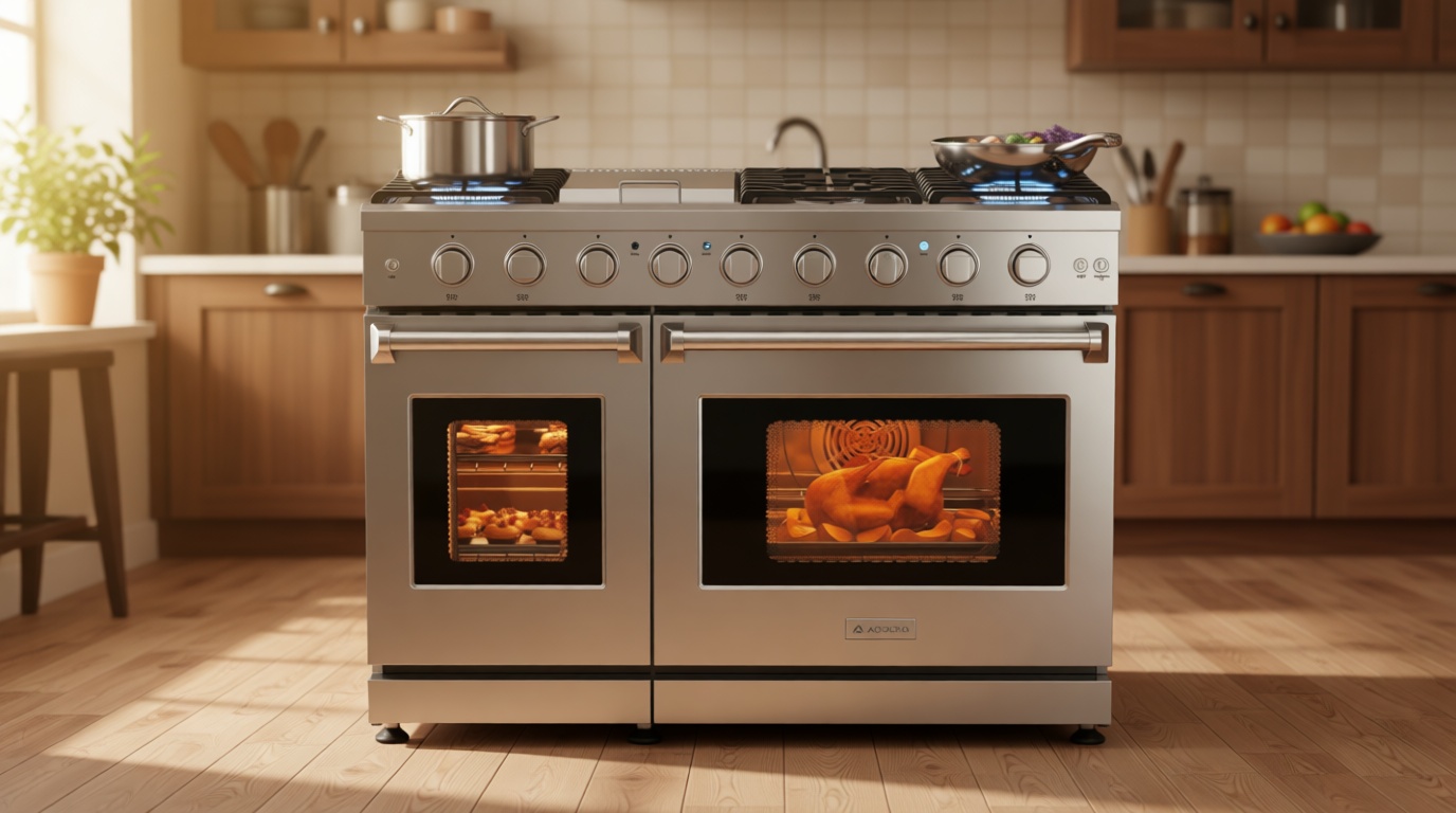 AAOBOSI 48 Inch Freestanding Gas Range Ovens with 6 cu.ft Large Capacity Double Convection Ovens, 6 Sealed Burners Plus Iron Grill Burner, Stainless Steel Gas Range Stove,silver