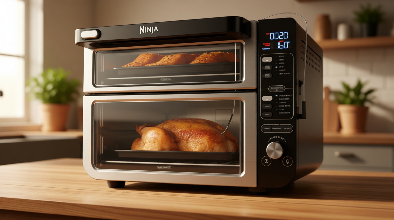 Ninja DCT451 12-in-1 Smart Double Oven with FlexDoor, Thermometer, FlavorSeal, Smart Finish, Rapid Top Convection and Air Fry Bottom , Stainless Steel