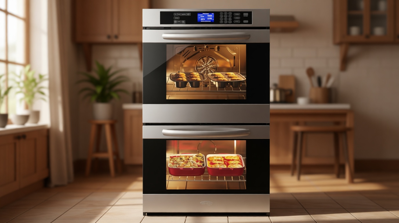 KoolMore 30-Inch Electric Double Wall Oven with Quiet, Rapid Convection Cooking, 7 Cook and Baking Modes, Dual Large Capacity Ovens, Stainless-Steel Unit, Self-Cleaning (KM-WO30D-SS)